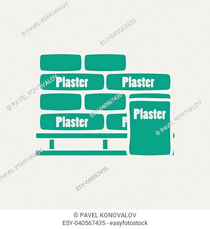Palette with plaster bags icon. Gray background with green. Vector illustration