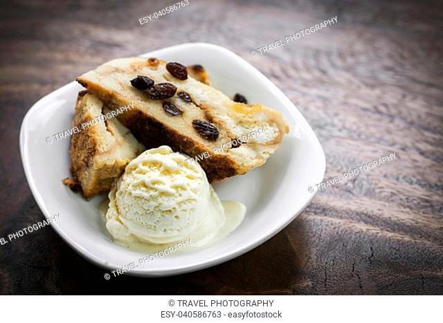 british traditional bread pudding with vanilla ice cream dessert