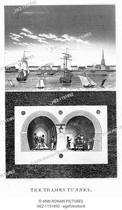 The Thames Tunnel, London, c1825-c1845. Cross-section showing the position of Marc Isambard Brunel's double-arched masonry tunnel in relation to the Thames