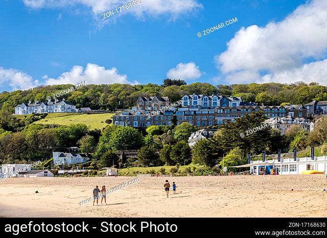 ST IVES, CORNWALL, UK - MAY 13 : View of Porthminster beach in St Ives, Cornwall on May 13, 2021. Unidentified people