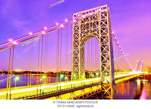 GW Bridge or GW, George Washington Bridge, View from New Jersey, is a double-decked suspension bridge spanning the Hudson River