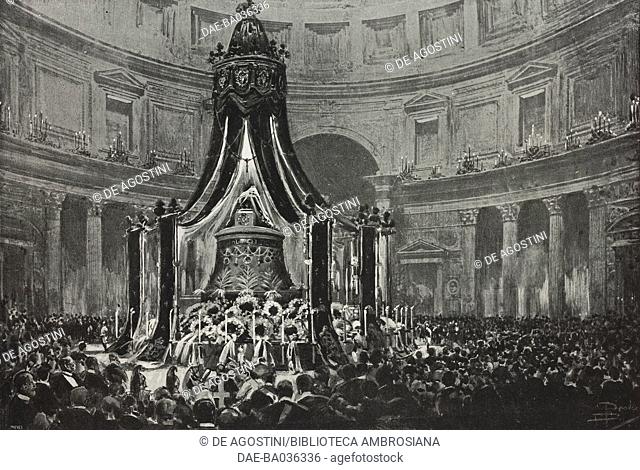 The catafalque in the Pantheon for Umberto I, King of Italy's funeral, Rome, Lazio, Italy, drawing by Dante Paolocci (1849-1926), from L'Illustrazione Italiana