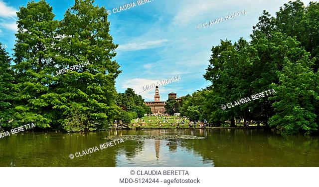 The Sforza Castle and the Filarete Tower seen from Sempione Park. Milan, 10th June 2016