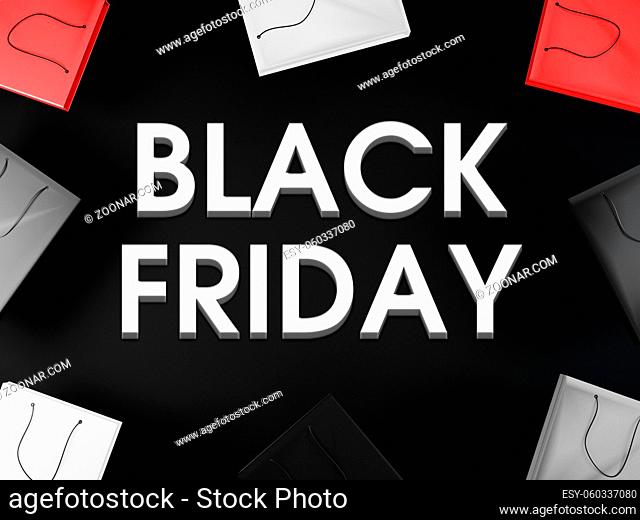 Black Friday sign on black background with shopping bags. Black friday Sale mockup, template, concept