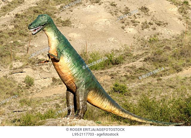 Real.size recreation models of dinosaurs made from fiberglass and concrete at the Valdecevillo palaeontological site, La Rioja, Spain