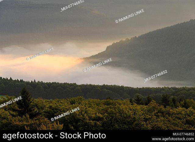 View from Katzenbuckel mountain with morning mist, Waldbrunn, Baden-Wurttemberg, Germany