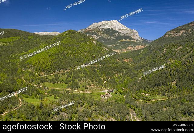 Aerial view of the Aigua de Valls river valley. In the background, the south face of Pedraforca (BerguedÃ , Catalonia, Spain, Pyrenees)