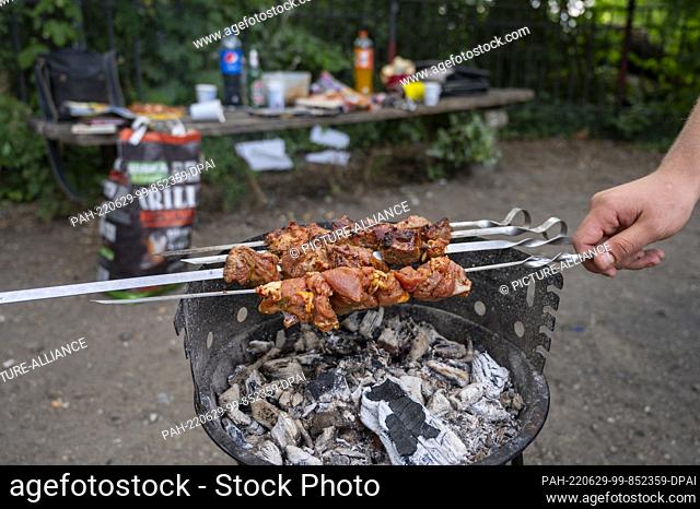 29 June 2022, Berlin: A man grills meat skewers at a barbecue area in Volkspark Friedrichshain. Photo: Christophe Gateau/dpa. - Berlin/Berlin/Germany