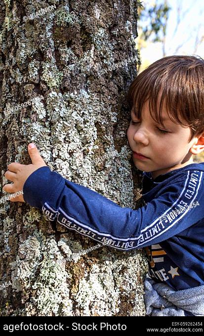 Little boy hugs tree trunk. Children love nature concept