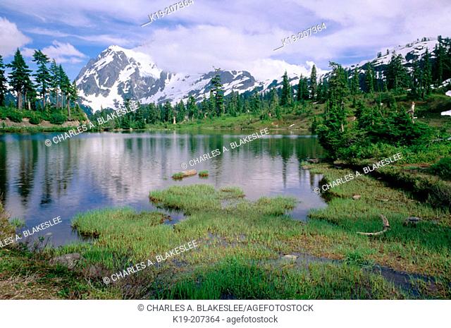 Mount Shuksan and Picture Lake, summer. Mount Baker-Snoqualmie National Forest. Washington. USA