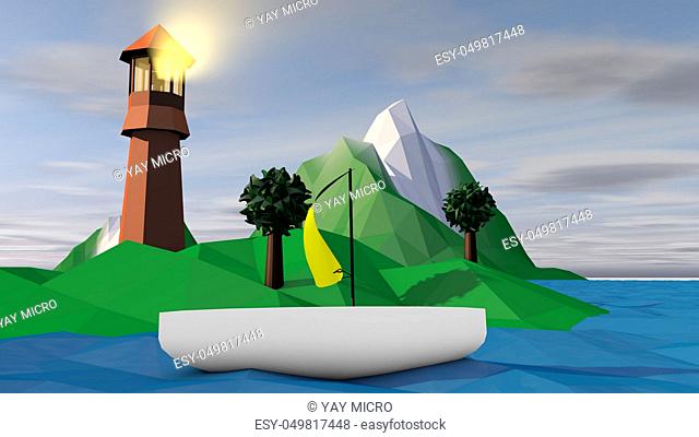 A cheerful 3d illustration of a high searchlight with a lit projector on a small green island and a white boat with yellow sail