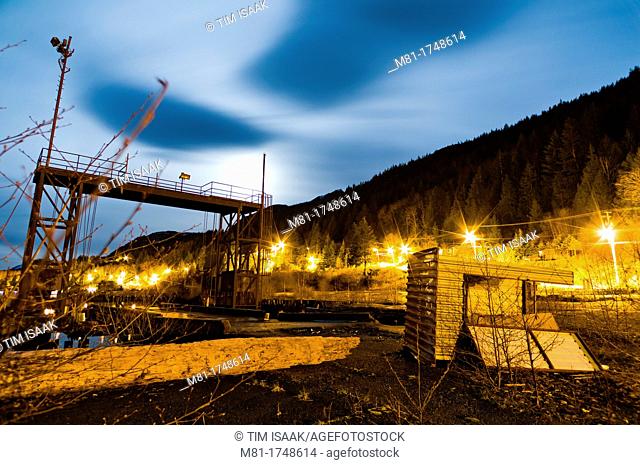 Abandoned, british columbia, canada, disused, industrial, night, sawmill, site, street lights, tahsis, vancouver island, horizontal