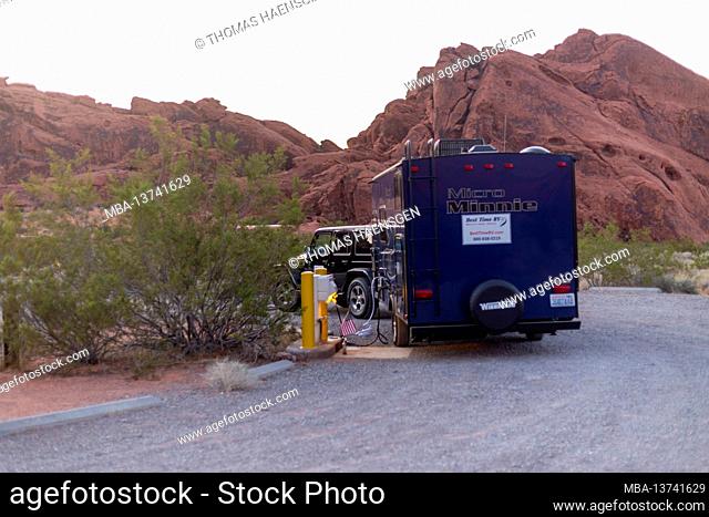 Jeep and Trailer at the campground in Valley of Fire State Park, Nevada, USA