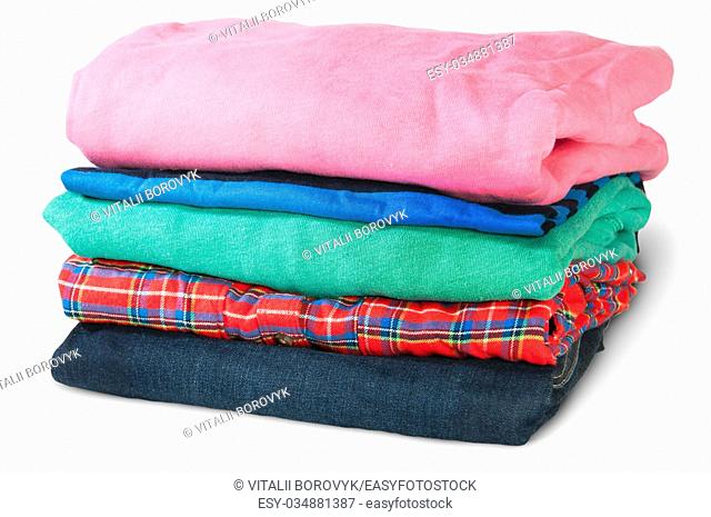 Stack Of Five Types Of Clothes Rotated Isolated On White Background