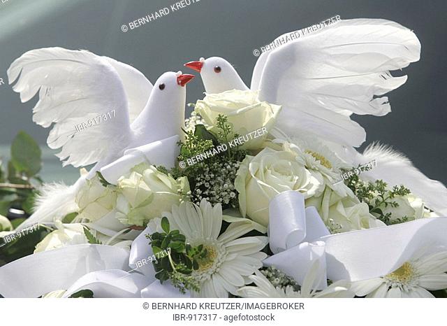 Wedding decorations, doves on a car for a wedding, Heidelberg, Baden-Wuerttemberg, Germany, Europe