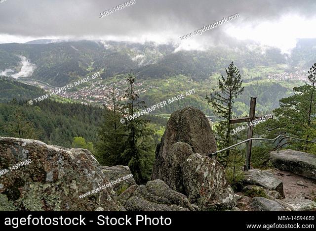 Europe, Germany, Southern Germany, Baden-Wuerttemberg, Black Forest, View from the Small Latschig Rock to the village Forbach in the Northern Black Forest