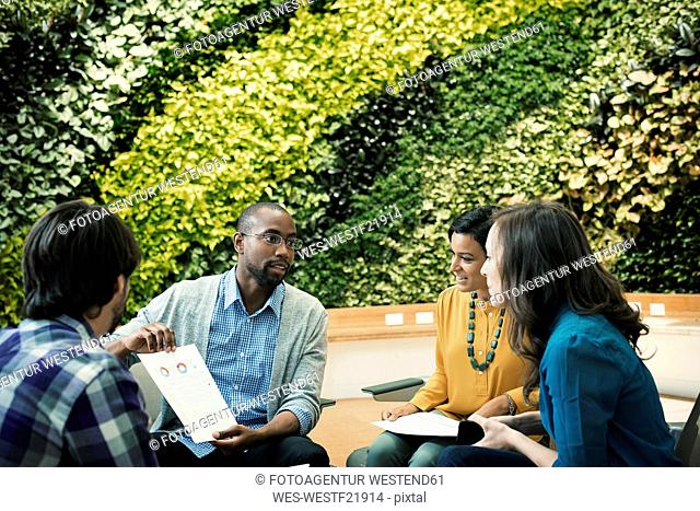 Young business people discussing in front of green plant wall