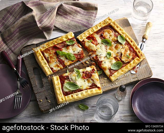 Tomato, chorizo and mozzarella tart