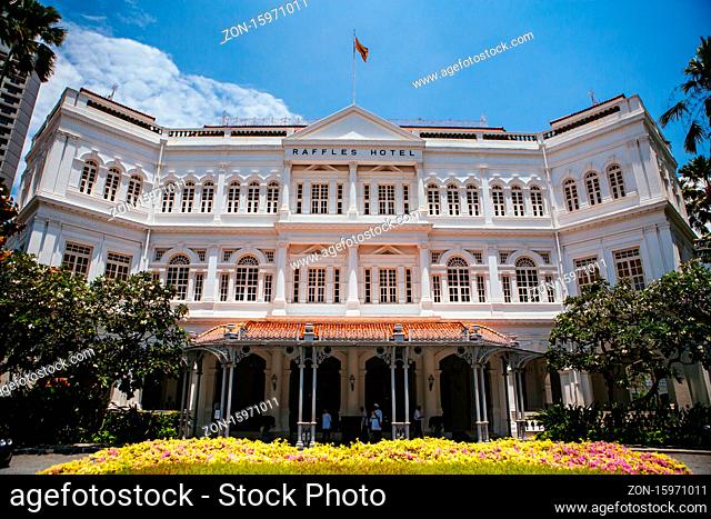 Singapore, Singapore - September 26th 2010: The famous and historic Raffles hotel on a warm sunny day in Singapore