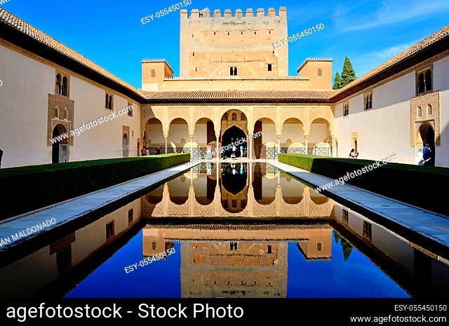 Granada, Spain - February 20, 2020: Palace of the Nasrids and courtyard of the Arrayanes of the Alhambra in Granada, Spain