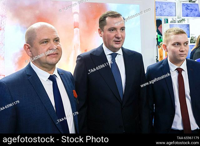 RUSSIA, MOSCOW - DECEMBER 21, 2023: Arkhangelsk Region Governor Alexander Tsybulsky (C) attends the opening of Arkhangelsk Region Day during the Russia Expo...