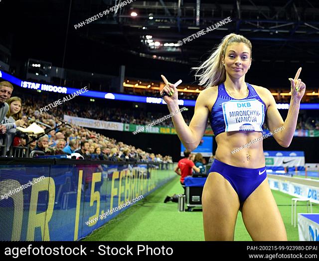 14 February 2020, Berlin: Athletics: ISTAF Indoor Women Long Jump in the Mercedes-Benz Arena. Nastassia Mironchik-Ivanova from Belarus after the end of the...