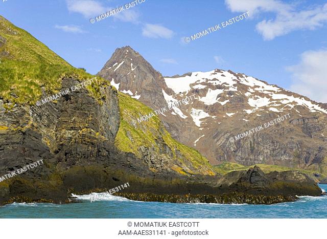 Coastal landscape, folded rock layers, green tussock grass, blue sea and rugged snowy mountains near Antarctic Bay; fall