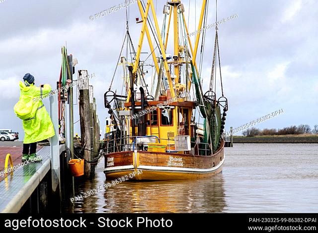 25 March 2023, Lower Saxony, Bensersiel: A woman takes a picture of a crab cutter moored on a quay wall in the harbor in changeable weather