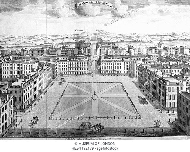 Hanover Square, Westminster, London, early 18th century. This view looks north towards the villages of Hampstead and Highgate, now part of London