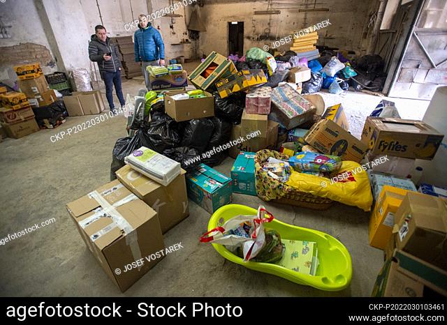 The warehouse with material aid organized by the Greek Catholic parish and the Ukrainian community in Pardubice, Czech Republic, on March 1, 2022