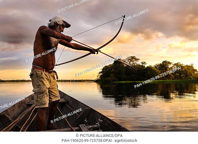 12 May 2019, Brazil, Auf Einem Fluss Im Amazonas: A man fishing stands with bow and arrow in a wooden boat on the Parana de Mamori The region is known for its...