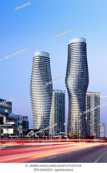 Absolute World Towers 4 & 5 (The Marilyn Monroe Towers) at dusk. Mississauga, Peel Region, Ontario, Canada