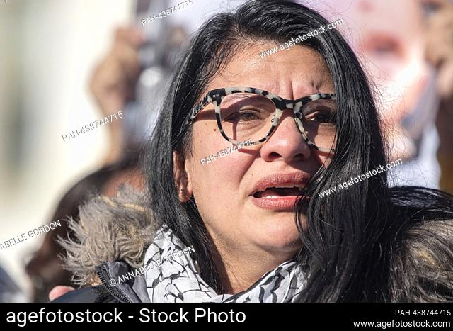 United States Representative Rashida Tlaib (Democrat of Michigan) cries while speaking at a press conference with activists calling for a ceasefire in Gaza at...