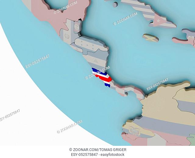 Map of Costa Rica on political globe with embedded flags. 3D illustration