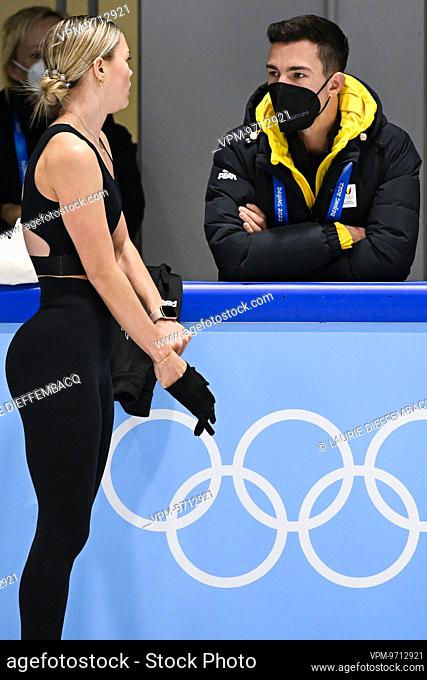 Belgian figure skater Loena Hendrickx and Belgian figure skater coach Jorik Hendrickx pictured during a training session ahead of the Women's Figure Skating...