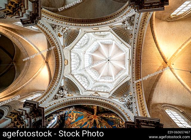 Valencia, Spain: 3 March, 2021: view of the ornate and decorated ceiling in the cathedral of Valencia