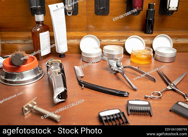 barber tools on the shelf in the barbershop. High quality photography