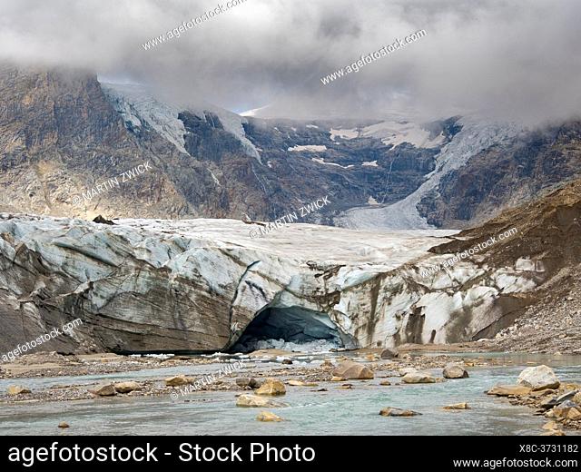 Glacier snout of glacier Pasterze at Mount Grossglockner, which is melting extremely fast due to global warming. Europe, Austria, Carinthia