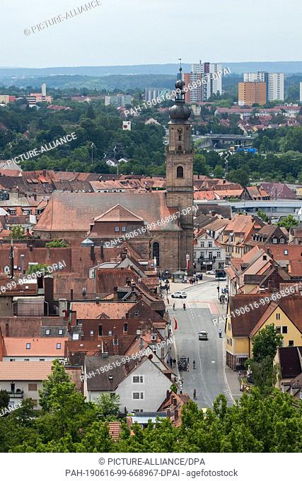 11 June 2019, Bavaria, Erlangen: Overview of the city (view south-southwest) with the Protestant church of the Old Town (Old Town Trinity Church)