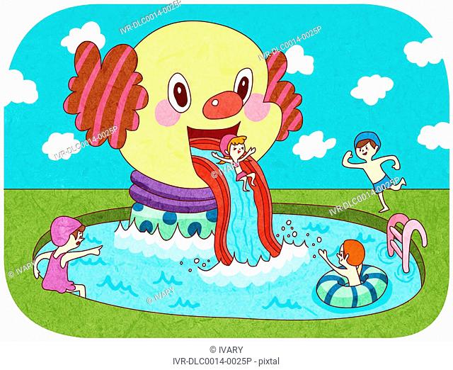 Children Sliding On Water Ride