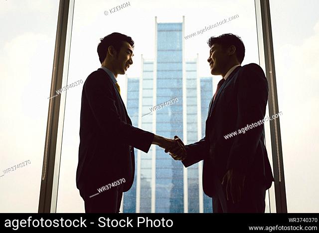 Two business people standing against window shaking hands