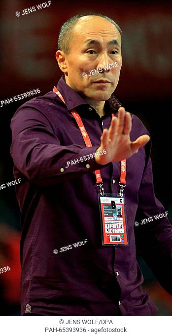 Hungary's head coach Talant Dujshebaev reacts during the 2016 Men's European Championship handball group 2 match between Sweden and Hungary at the Centennial...