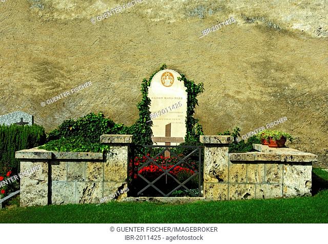 Grave site of the poet Rainer Maria Rilke in the mountain cemetery of Raron, Valais, Switzerland, Europe