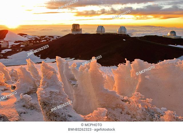 astronomical observatory on Mount Mauna Kea at sunset, USA, Hawaii