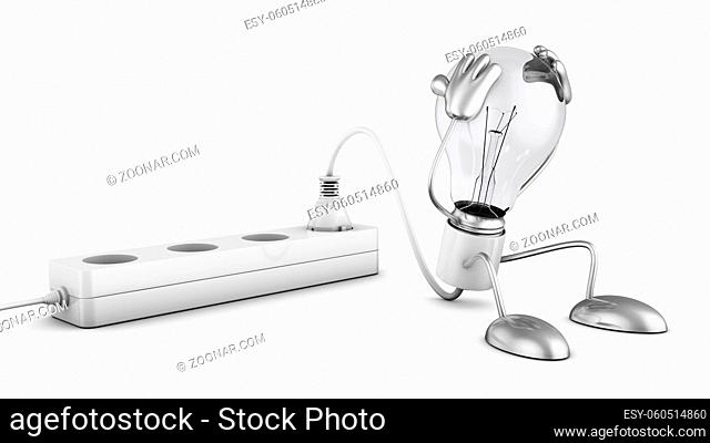 Incandescent lamp holding his hands behind his head. 3d render
