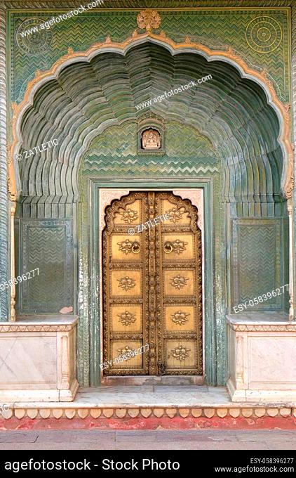 Ornate door at the Chandra Mahal, Jaipur City Palace in Jaipur, Rajasthan, India