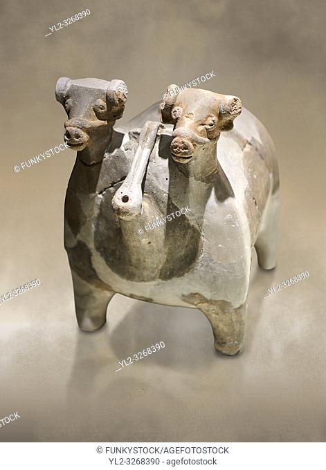 Bronze Age Anatolian terra cotta vtwo headed bull shaped ritual vessel - 19th to 17th century BC - Kültepe Kanesh - Museum of Anatolian Civilisations, Ankara