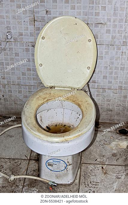 Extrem verunreinigte Damentoilette mit schwarzem 3 cm langen Darmwürmern, Bangkok, Thailand, Südostasien Extremely dirty ladies room with black 3-cm-long...