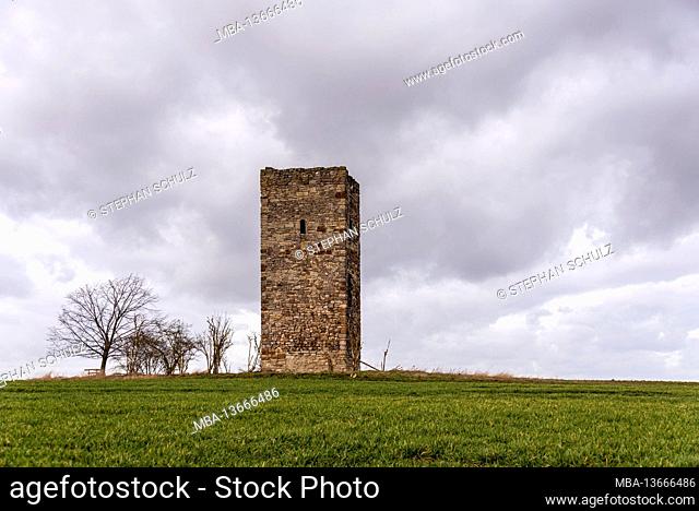 Germany, Saxony-Anhalt, Wanzleben, watchtower made of field stones, the blue observation tower from 1438. Belongs to the oldest buildings in the Magdeburg Börde