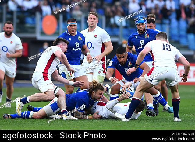 Players in action during the match Italy-England at the Olympic Stadium. Rome (Italy), February 13th, 2022